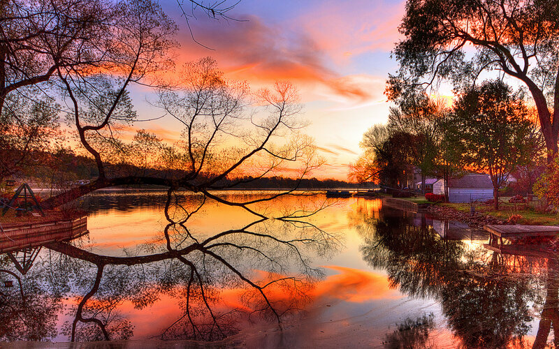 Sunset over Lake — Orange, Serene, Photograph, Trees, House