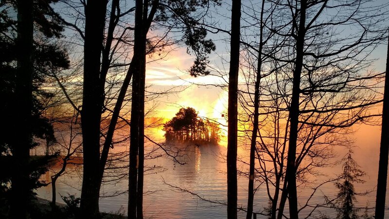 Sunset over Lake — Orange, Serene, Photograph, Trees, Mist