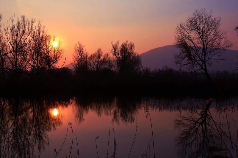 Sunset over Lake — Orange, Serene, Photograph, Trees, Mountain, Reflection