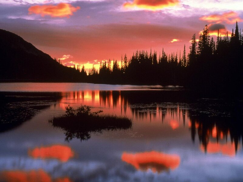 Sunset over Lake — Orange, Serene, Photograph, Trees, Mountain, Sky
