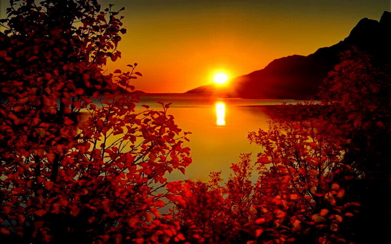 Sunset over Lake — Orange, Serene, Photograph, Trees, Mountain