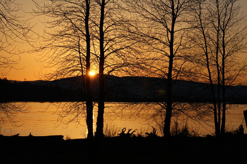Sunset over Lake — Orange, Serene, Photograph, Trees, Mountains, Sun