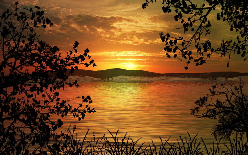 Sunset over Lake — Orange, Serene, Photograph, Trees, Mountains