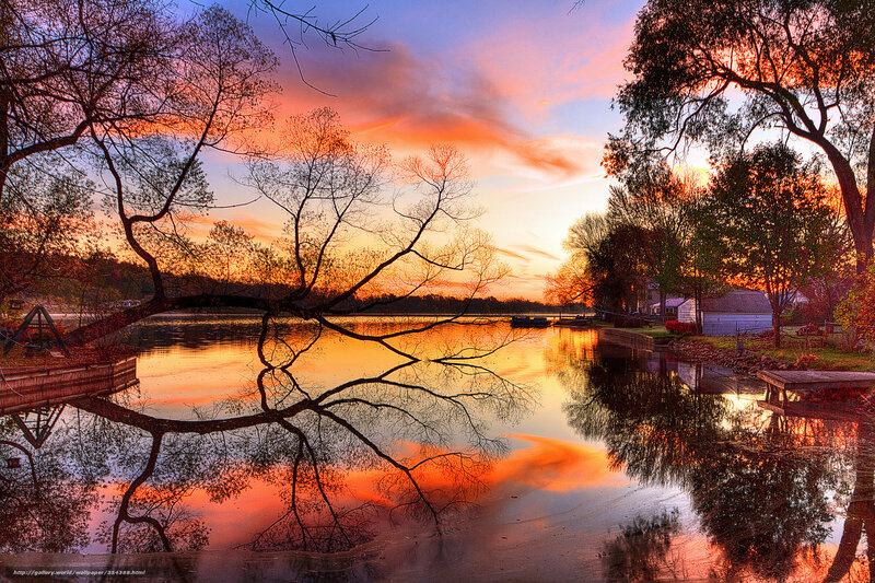 Sunset over Lake — Orange, Serene, Photograph, Trees, Reflection, Dock