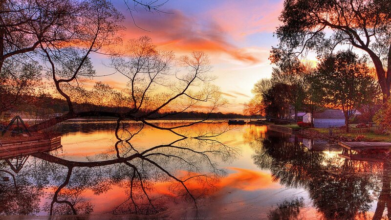 Sunset over Lake — Orange, Serene, Photograph, Trees, Reflection