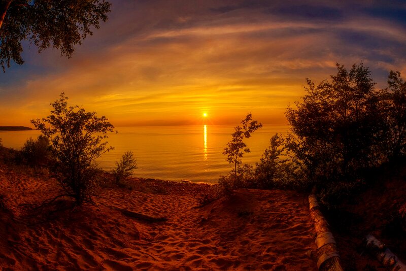 Sunset over Lake — Orange, Serene, Photograph, Trees, Sand Dune