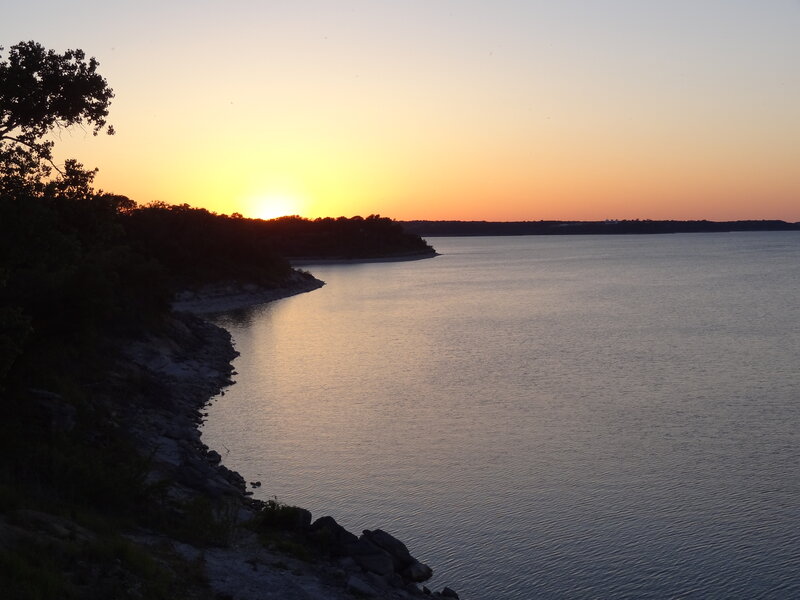 Sunset over Lake — Orange, Serene, Photograph, Trees, Shoreline
