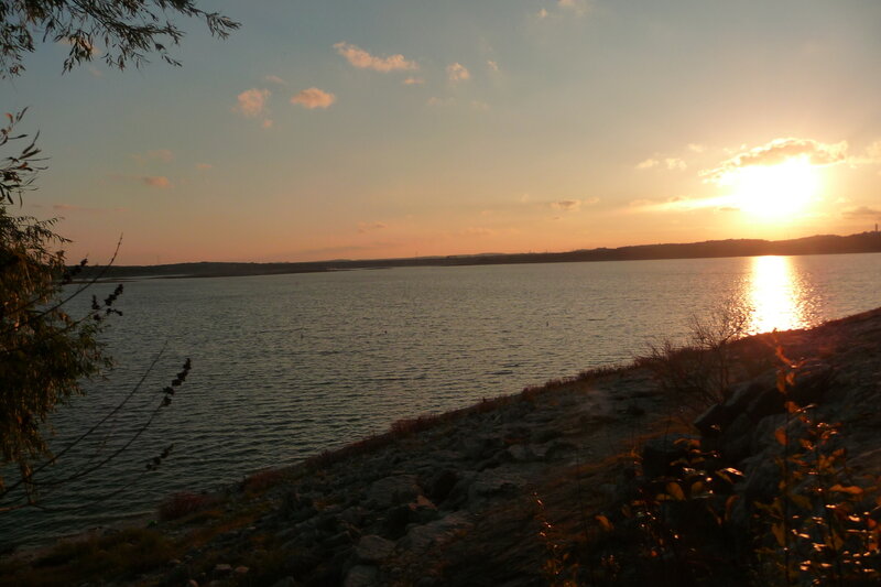 Sunset over Lake — Orange, Serene, Photograph, Trees, Sky, Blue