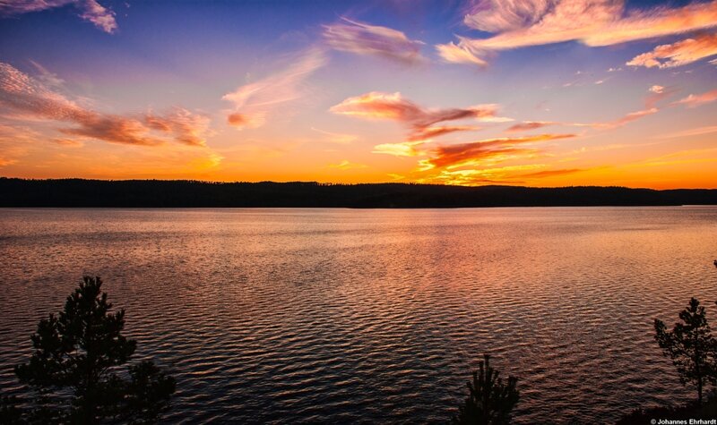 Sunset over Lake — Orange, Serene, Photograph, Trees, Sky, Clouds