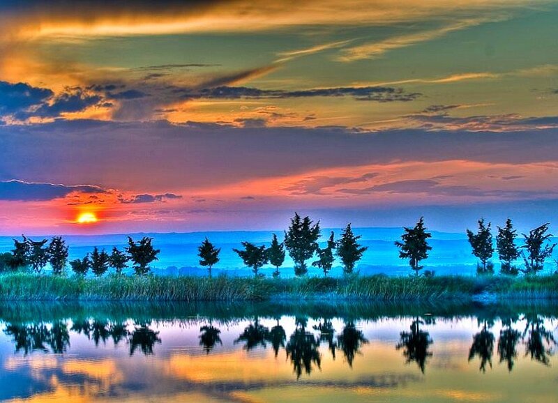 Sunset over Lake — Orange, Serene, Photograph, Trees, Sky, Reflection, Blue, Purple