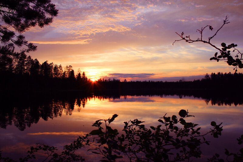 Sunset over Lake — Orange, Serene, Photograph, Trees, Sky, Reflection, Branches