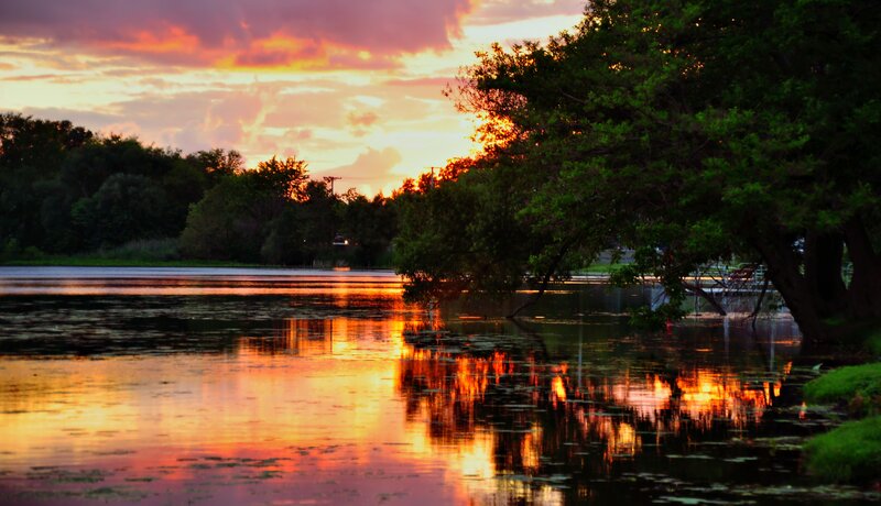 Sunset over Lake — Orange, Serene, Photograph, Trees, Sky, Reflection