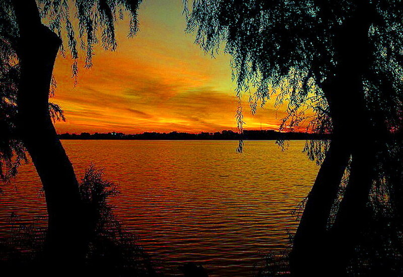 Sunset over Lake — Orange, Serene, Photograph, Trees, Sky