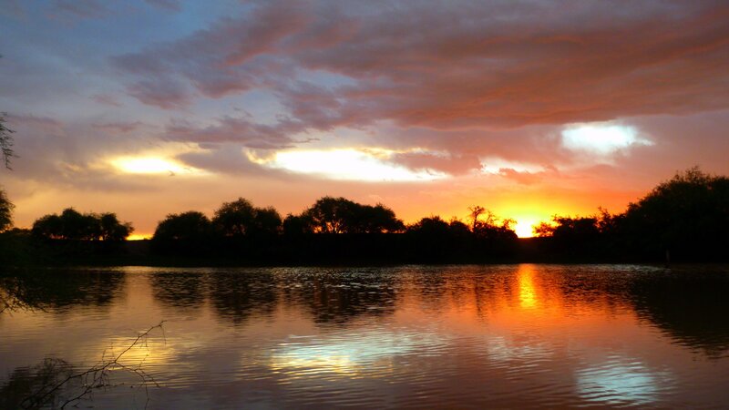 Sunset over Lake — Orange, Serene, Photograph, Trees, Sky, Water, Blue