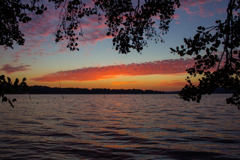 Sunset over Lake — Orange, Serene, Photograph, Trees, Sky, Water, Clouds