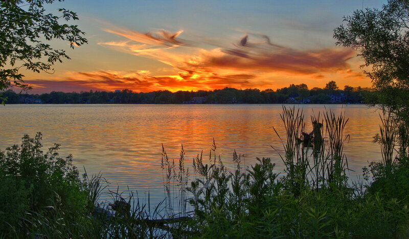 Sunset over Lake — Orange, Serene, Photograph, Trees, Sky, Water, Reeds