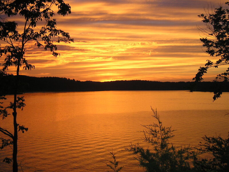 Sunset over Lake — Orange, Serene, Photograph, Trees, Sky, Water, Yellow