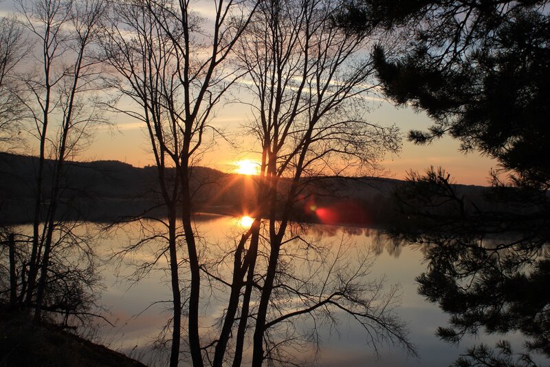 Sunset over Lake — Orange, Serene, Photograph, Trees, Sun, Mountains