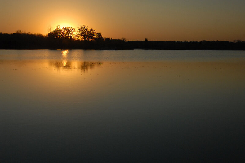 Sunset over Lake — Orange, Serene, Photograph, Trees, Sun, Reflection