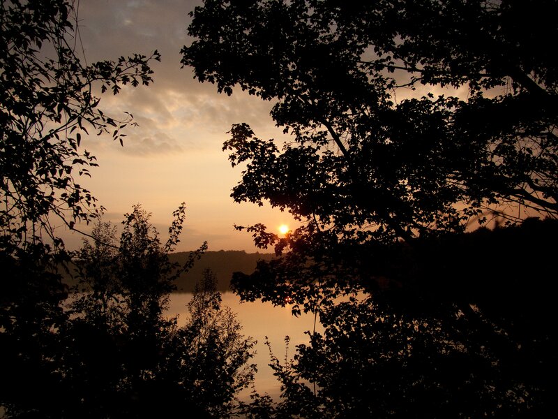 Sunset over Lake — Orange, Serene, Photograph, Trees, Sun, Sky, Black, Gray