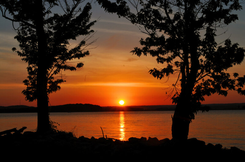Sunset over Lake — Orange, Serene, Photograph, Trees, Sun, Sky