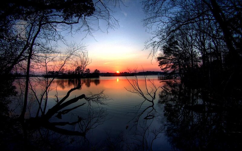Sunset over Lake — Orange, Serene, Photograph, Trees, Sun