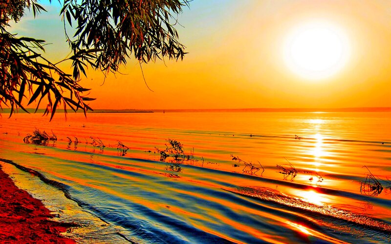Sunset over Lake — Orange, Serene, Photograph, Trees, Water