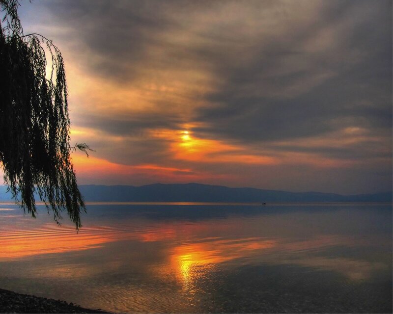 Sunset over Lake — Orange, Serene, Photograph, Willow Tree