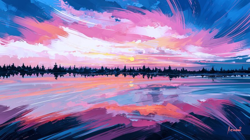 Sunset over Lake — Pink, Serene, Digital Art