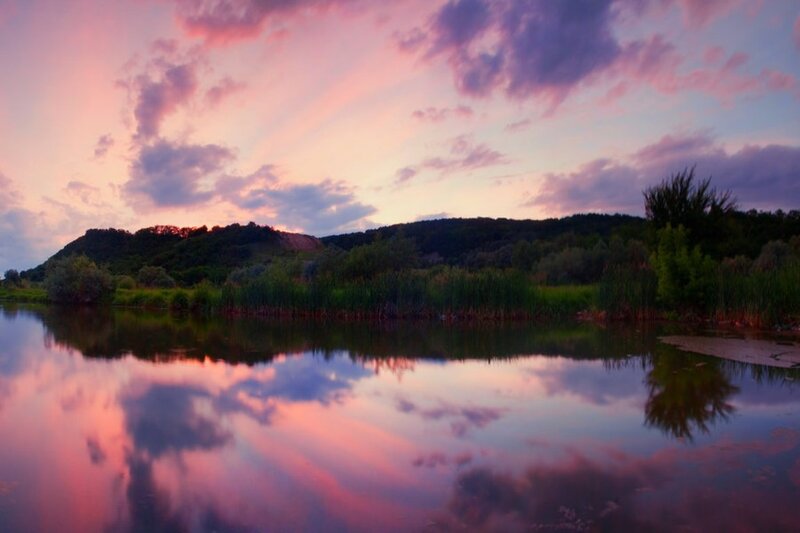 Sunset over Lake — Pink, Serene, Photograph, Clouds, Hills