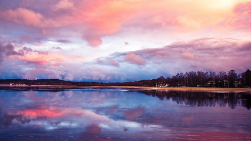 Sunset over Lake — Pink, Serene, Photograph, Clouds