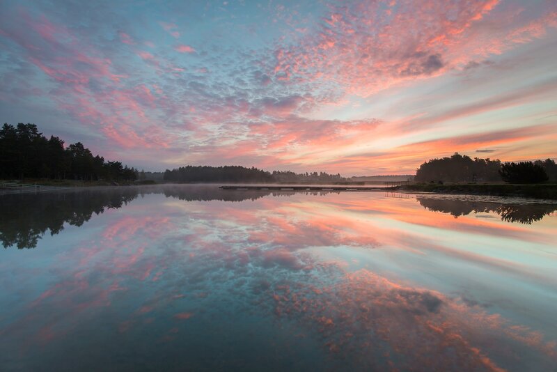 Sunset over Lake — Pink, Serene, Photograph, Clouds, Trees, Dock