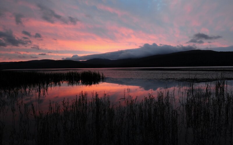 Sunset over Lake — Pink, Serene, Photograph, Mountains, Sky