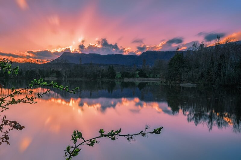 Sunset over Lake — Pink, Serene, Photograph, Mountains, Trees