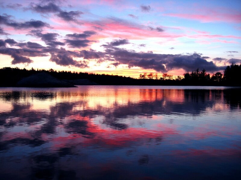 Sunset over Lake — Pink, Serene, Photograph, Sky, Clouds, Trees