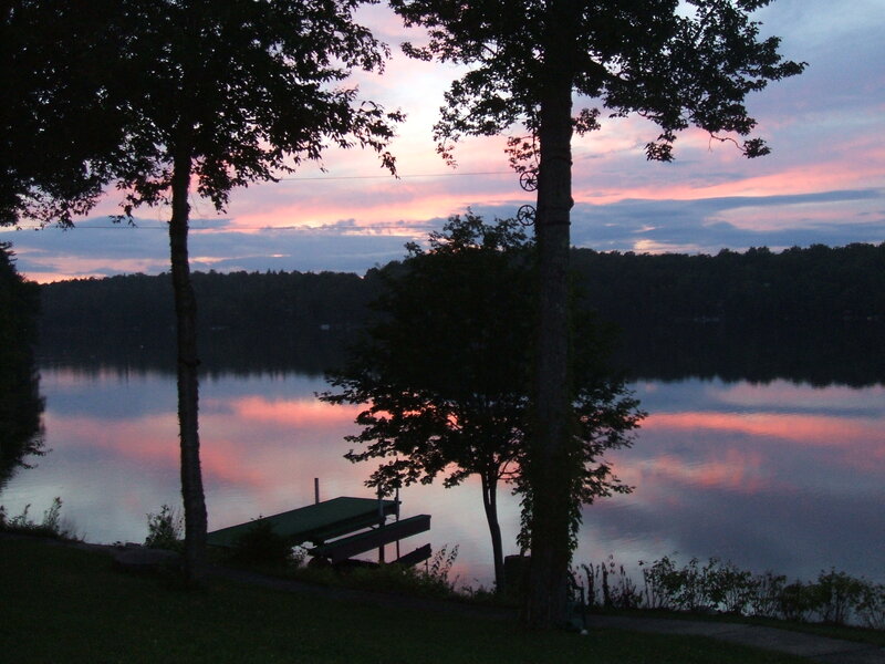 Sunset over Lake — Pink, Serene, Photograph, Trees, Dock
