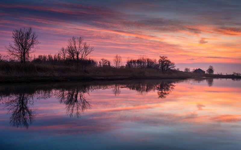 Sunset over Lake — Pink, Serene, Photograph, Trees, Sky, Reflection, House