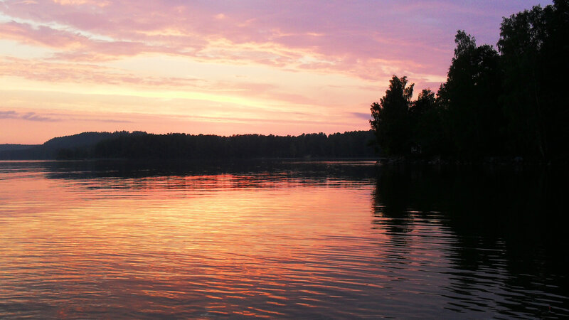 Sunset over Lake — Pink, Serene, Photograph, Trees, Sky