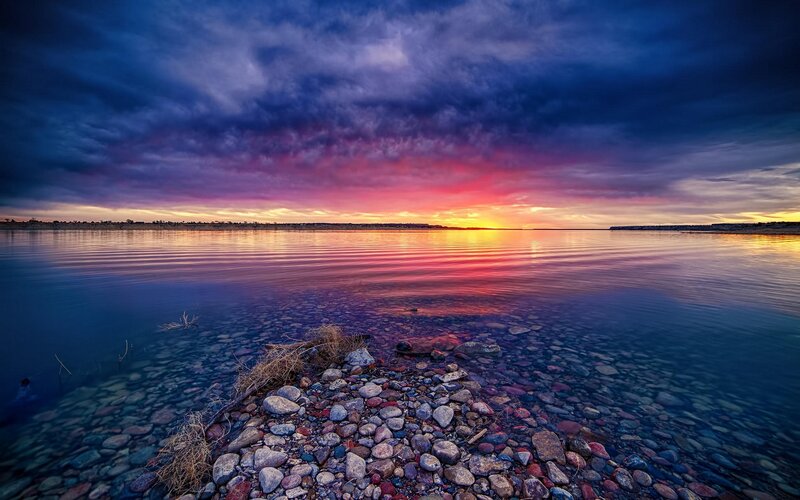 Sunset over Lake — Purple, Dramatic, Photograph, Clouds, Rocks