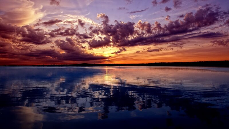 Sunset over Lake — Purple, Dramatic, Photograph, Clouds, Sky, Reflection