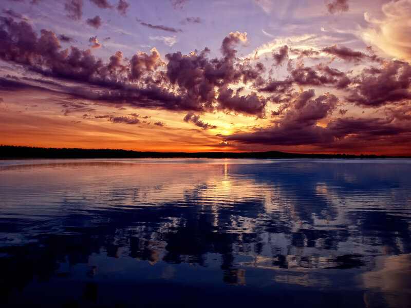 Sunset over Lake — Purple, Dramatic, Photograph, Clouds, Sky, Trees, Orange, Blue