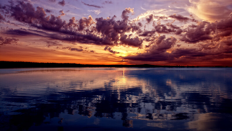 Sunset over Lake — Purple, Dramatic, Photograph, Clouds, Sky, Trees