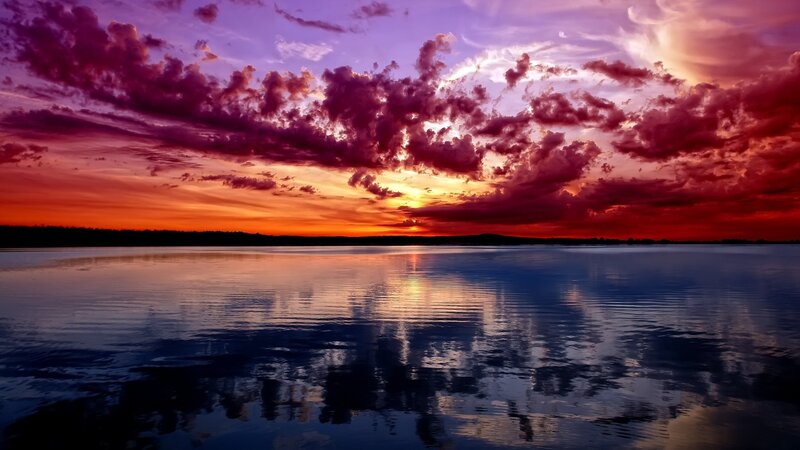 Sunset over Lake — Purple, Dramatic, Photograph, Clouds, Sky, Water