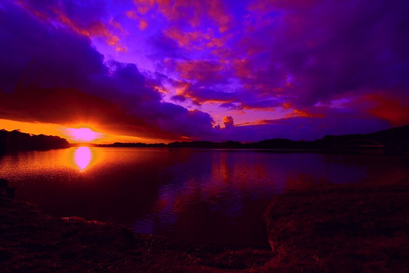 Sunset over Lake — Purple, Dramatic, Photograph, Clouds, Sun, Water