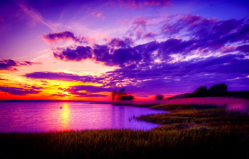 Sunset over Lake — Purple, Dramatic, Photograph, Clouds, Trees, Grass