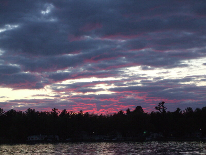 Sunset over Lake — Purple, Dramatic, Photograph, Clouds, Trees, Houses