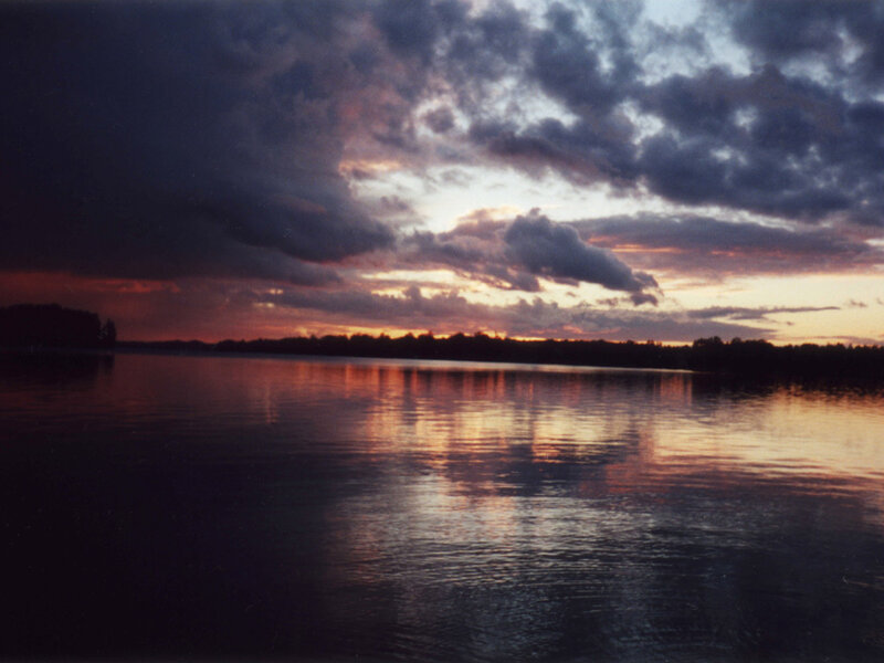 Sunset over Lake — Purple, Dramatic, Photograph, Clouds, Trees, Reflection