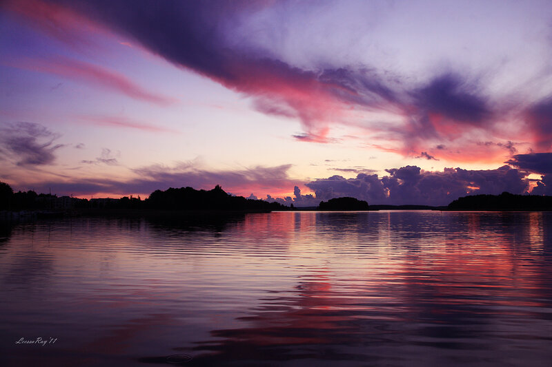 Sunset over Lake — Purple, Dramatic, Photograph, Clouds, Trees, Water