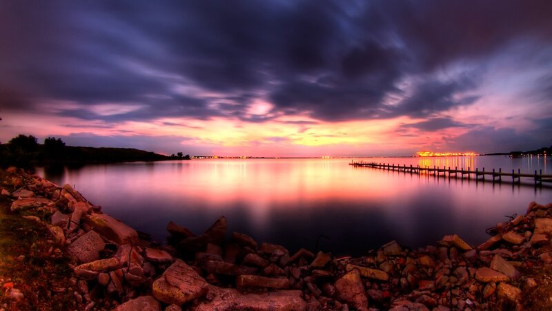 Sunset over Lake — Purple, Dramatic, Photograph, Dock, Rocks