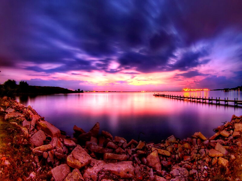 Sunset over Lake — Purple, Dramatic, Photograph, Dock